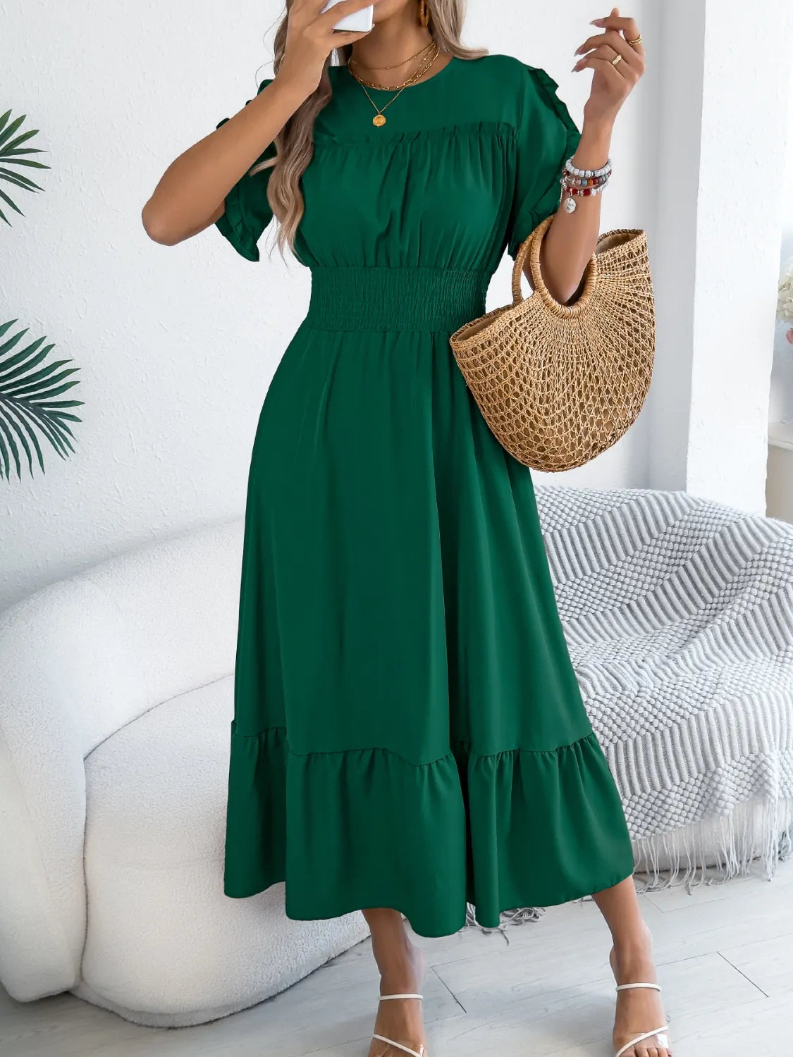 Buy Smocked Frill Round Neck Midi Dress by Faz