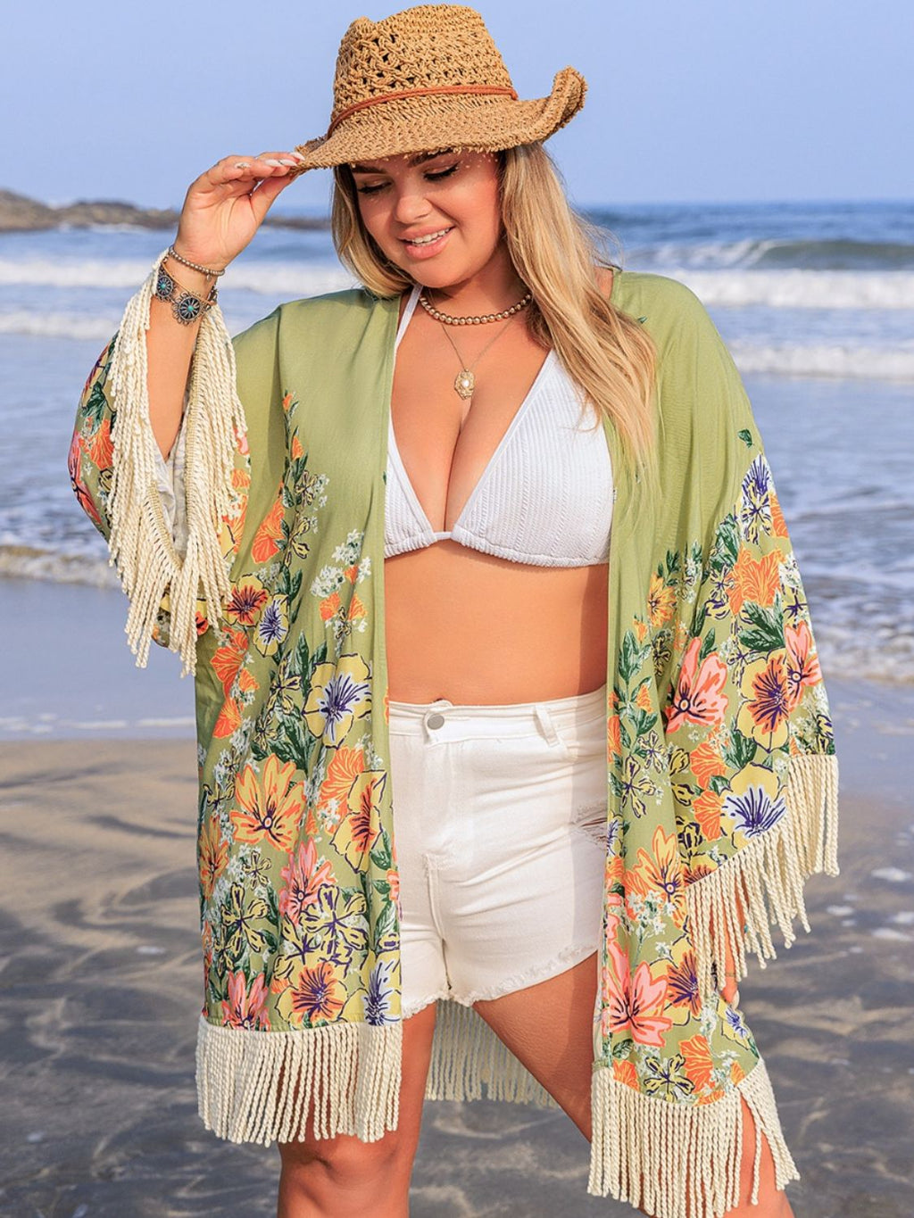 Buy Plus Size Fringe Open Front Cover-Up by Faz