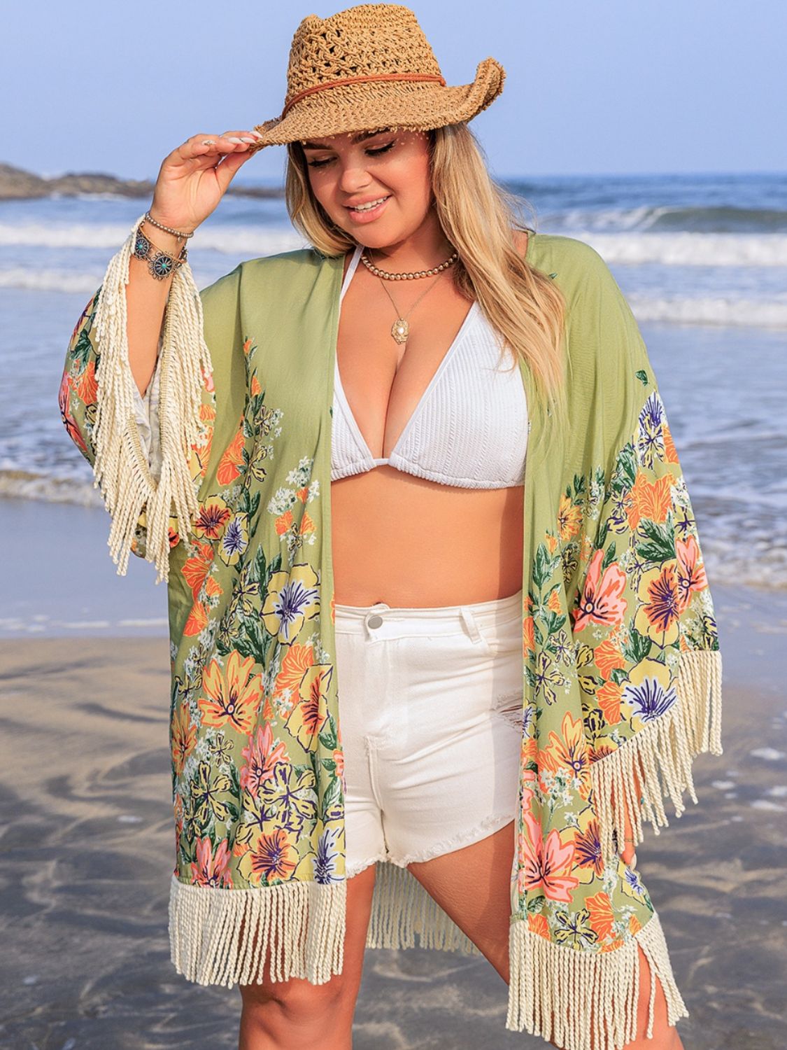 Buy Plus Size Fringe Open Front Cover-Up by Faz
