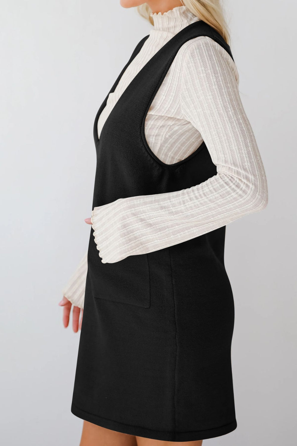 Buy Pocketed V-Neck Mini Sweater Overall Dress by Faz