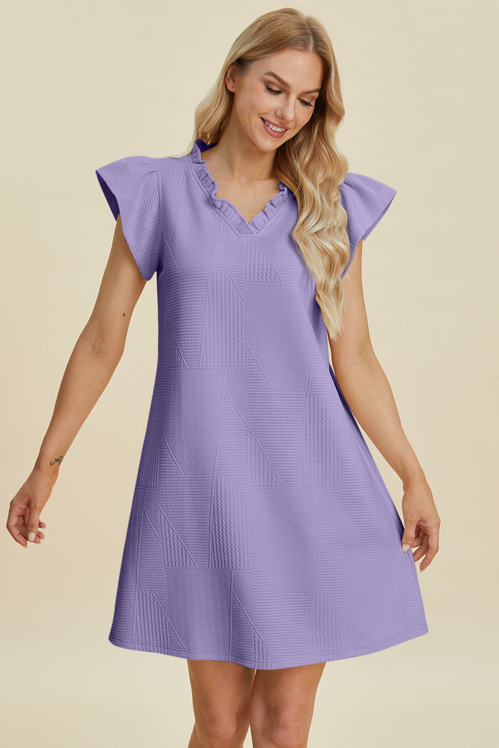 Buy Full Size Ruffled V-Neck Cap Sleeve Dress by Faz