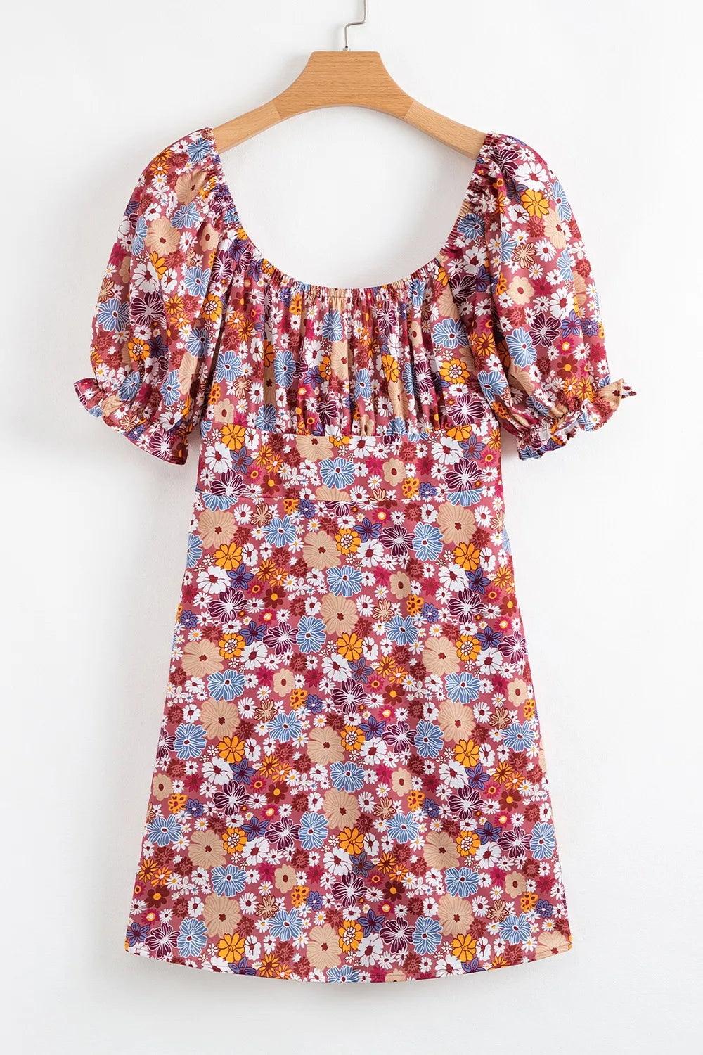 Buy Floral Puff Sleeve Square Neck Knot Open Back Mini Dress by Faz
