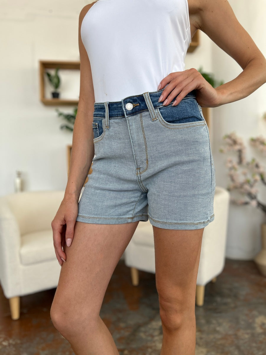 Buy Full Size Color Block Denim Shorts by Faz