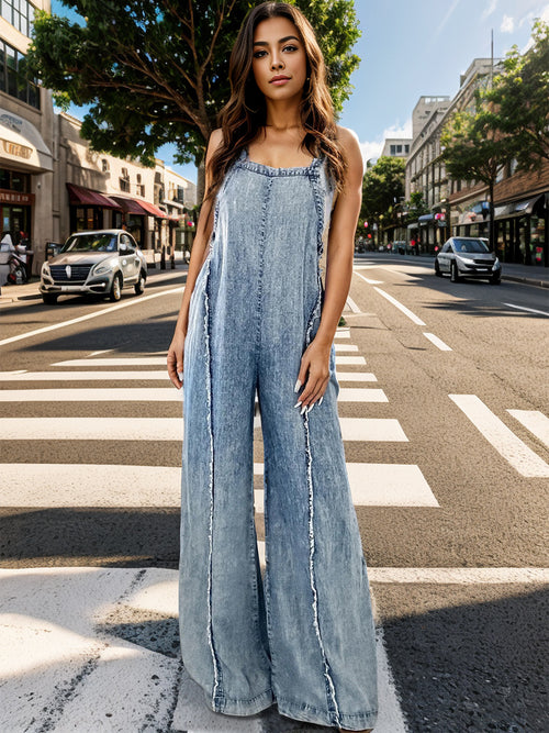 Buy Adjustable Strap Wide Leg Denim Overalls by Faz