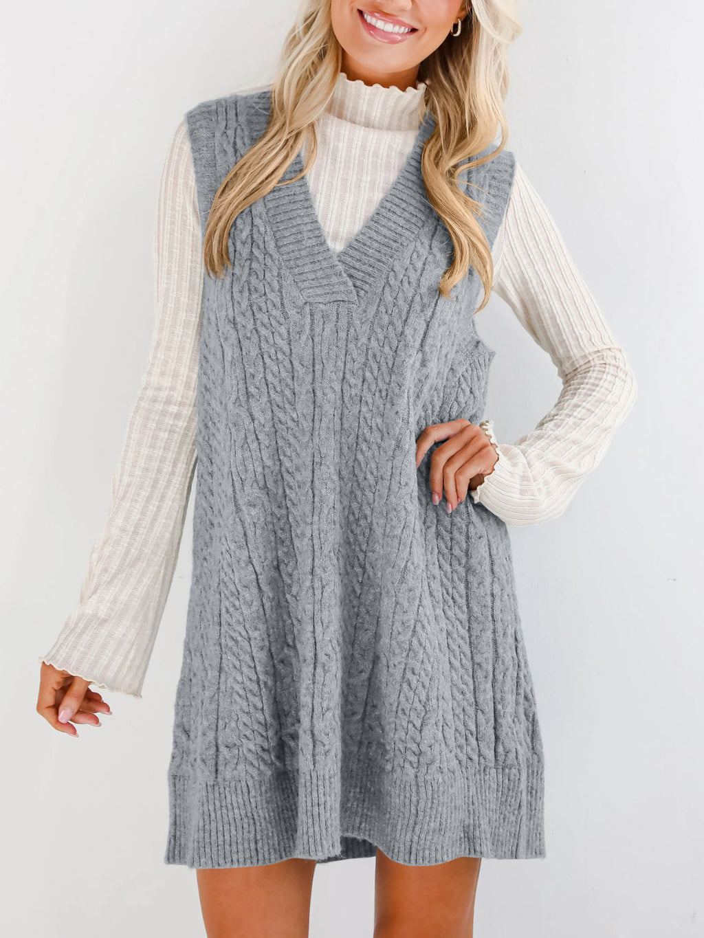 Buy Cable Knit V-Neck Mini Sweater Overall Dress by Faz