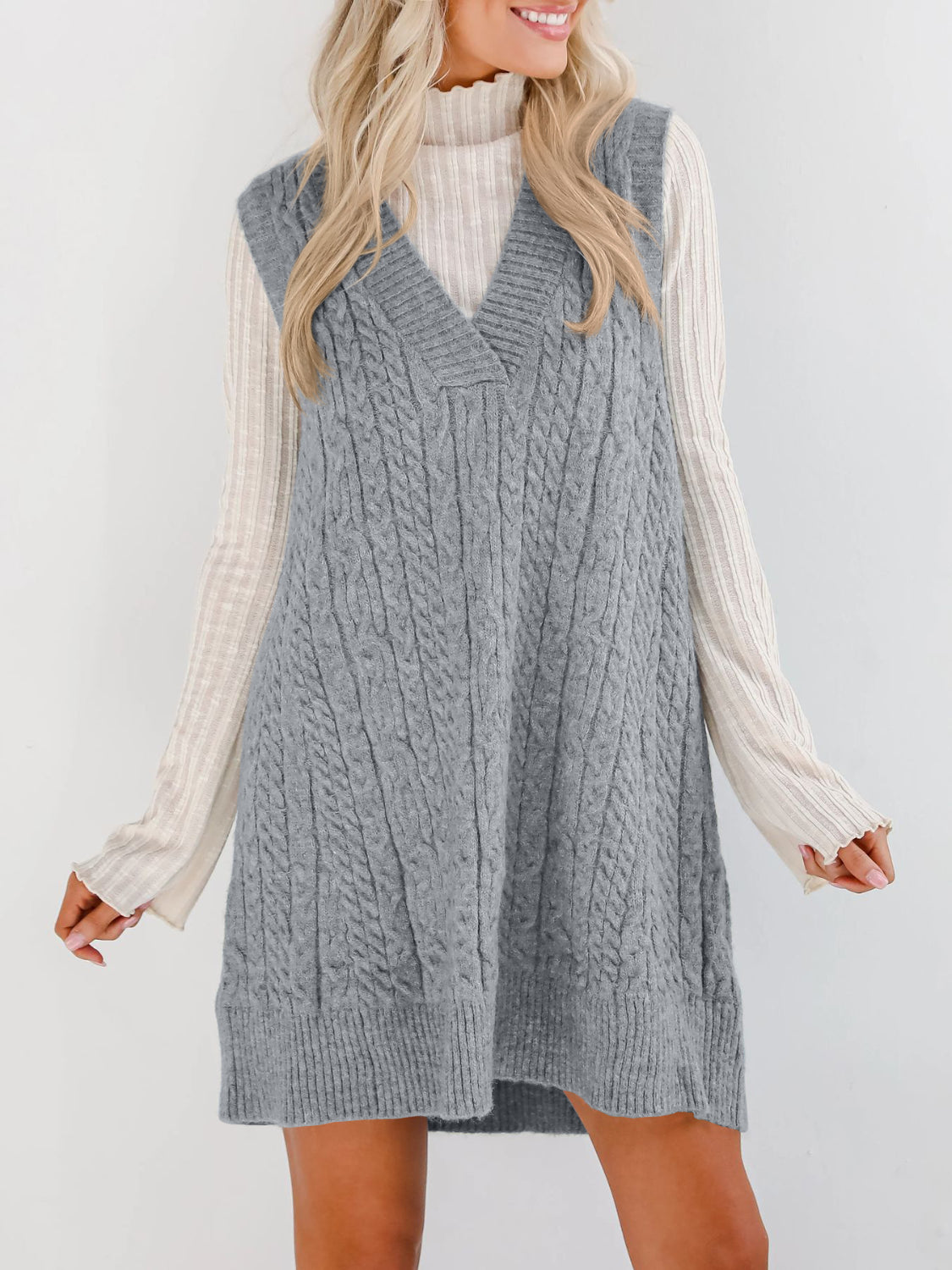 Buy Cable Knit V-Neck Mini Sweater Overall Dress by Faz