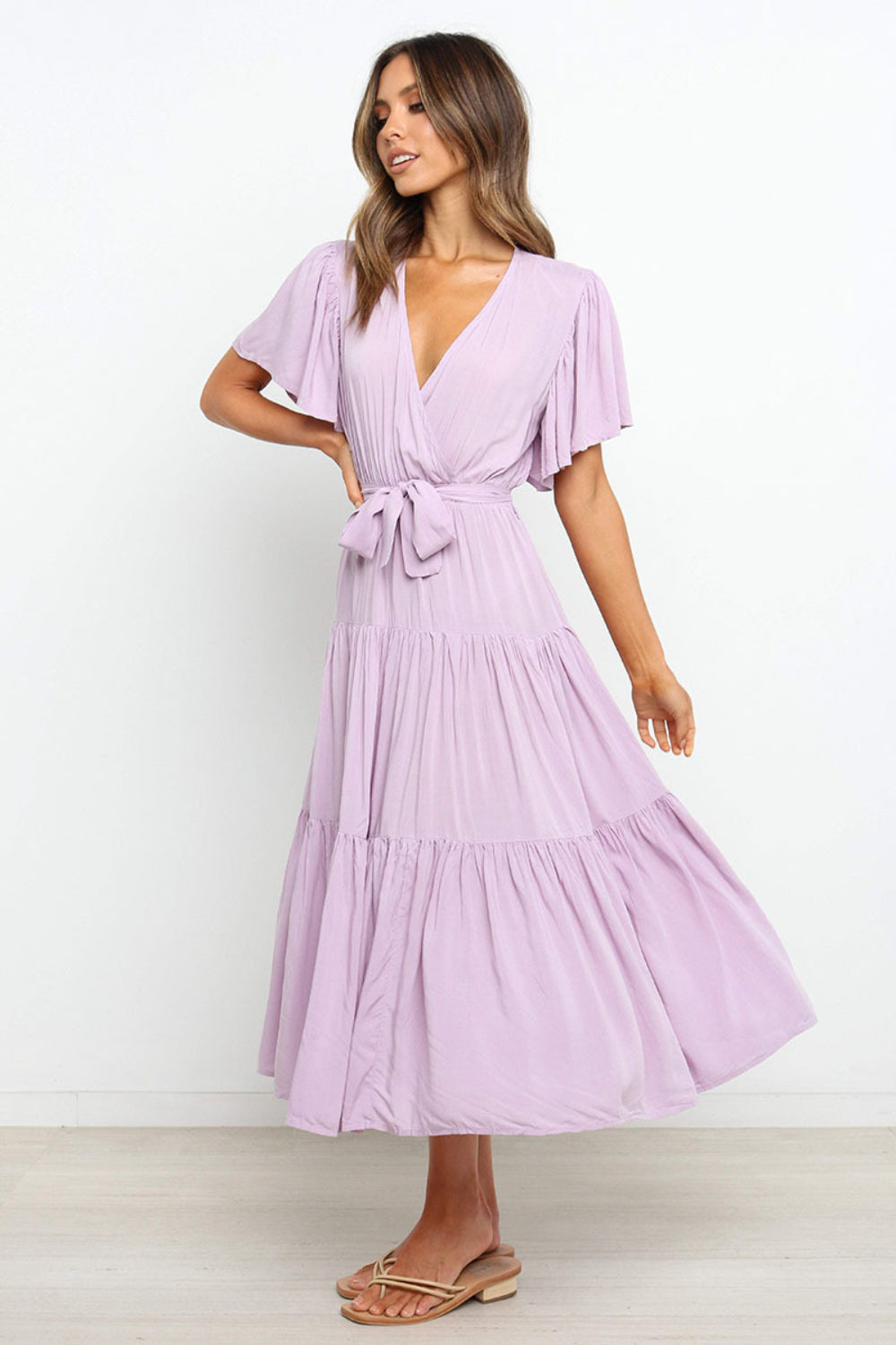 Buy Tied Back Tiered Short Sleeve Midi Dress by Faz