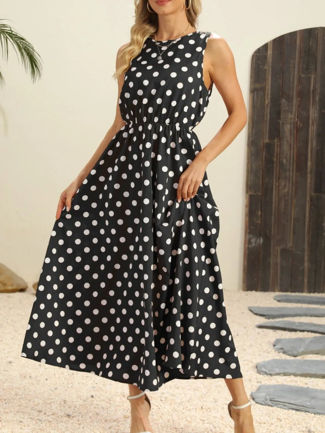 Buy Polka Dot Round Neck Sleeveless Midi Dress by Faz