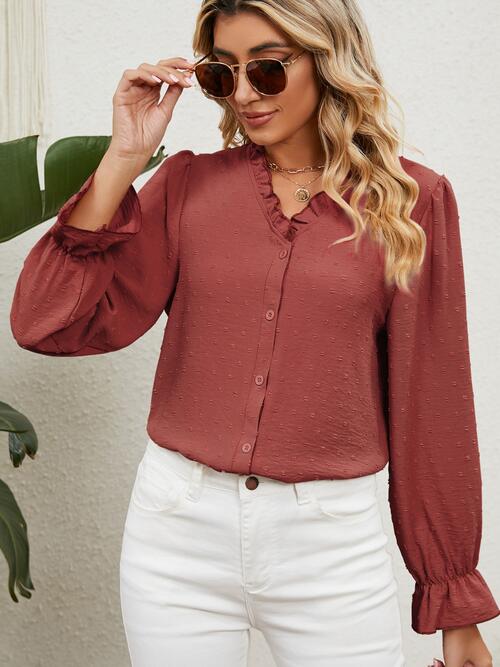 Buy Button Up Flounce Sleeve V-Neck Shirt by Manny