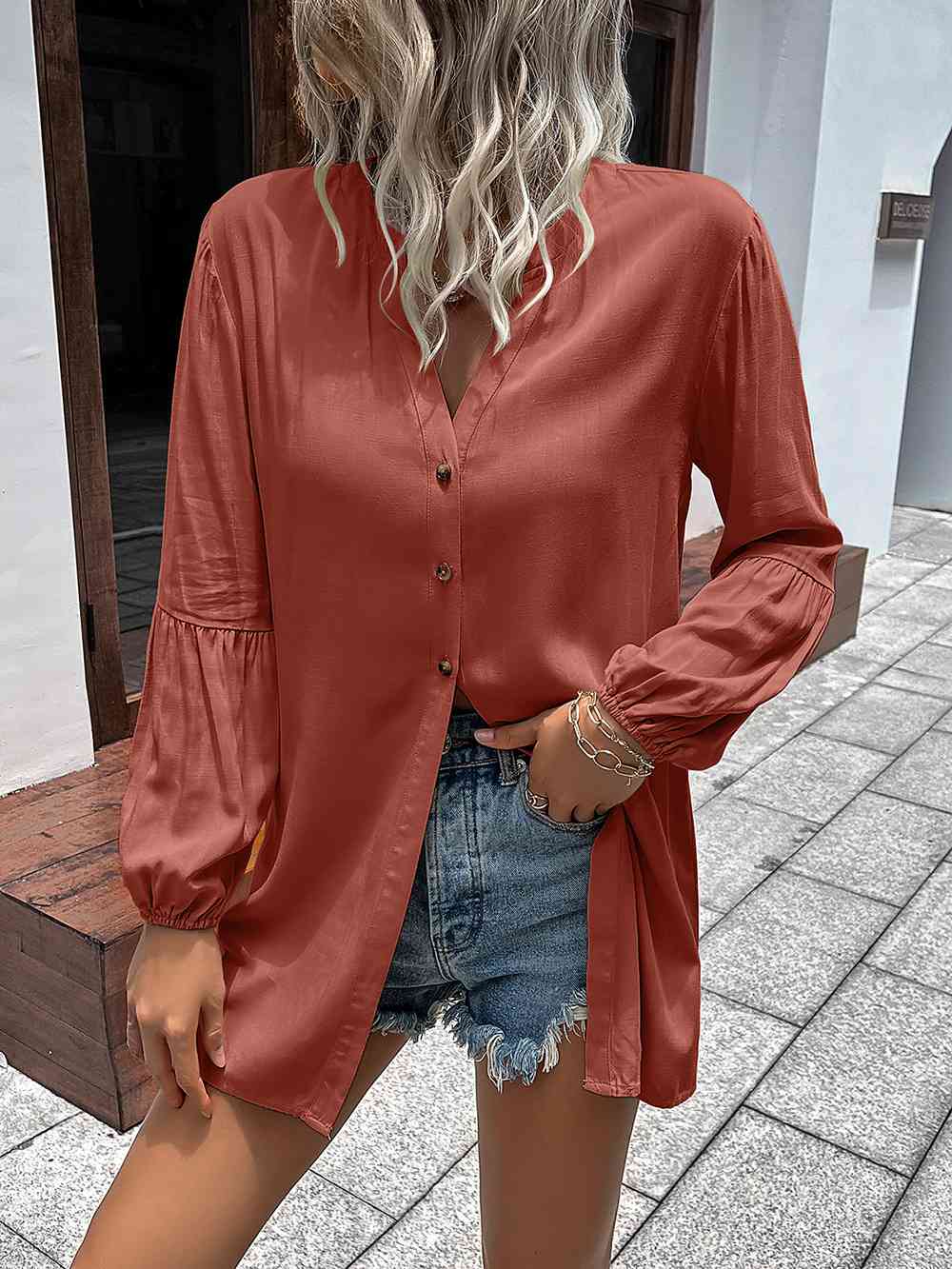 Buy Ivy Lane Notched Neck Balloon Sleeve Shirt by Double Take