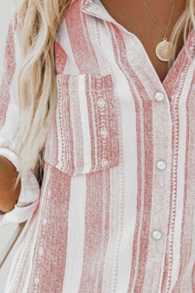 Buy Striped Collared Neck Long Sleeve Shirt by SYNZ