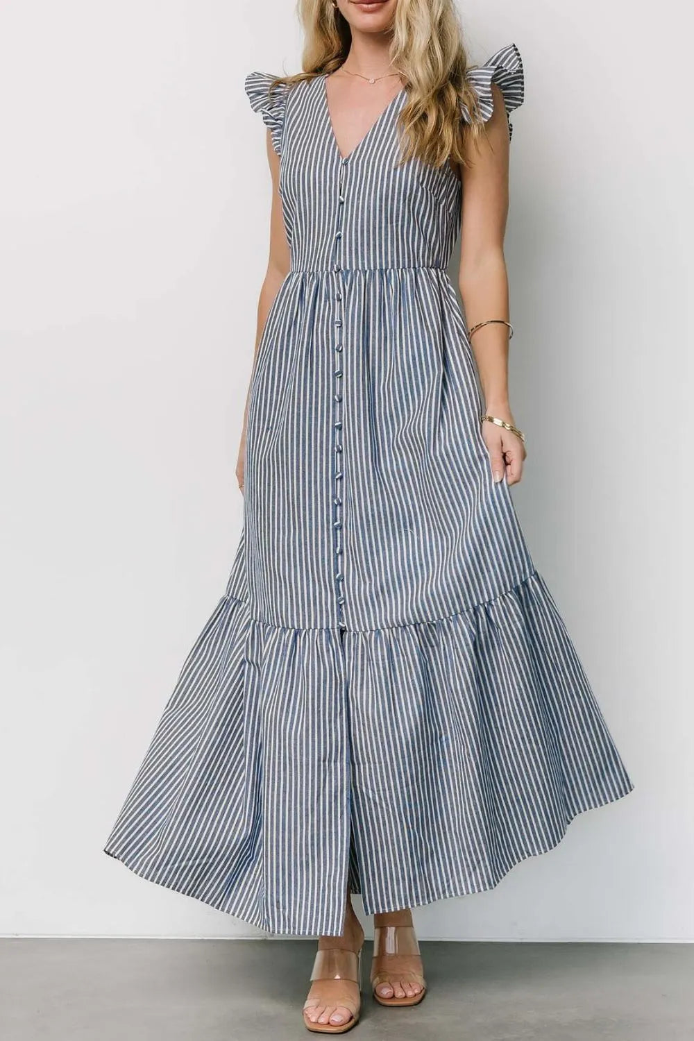 Buy Slit Striped V-Neck Ruffled Cap Sleeve Dress by Faz