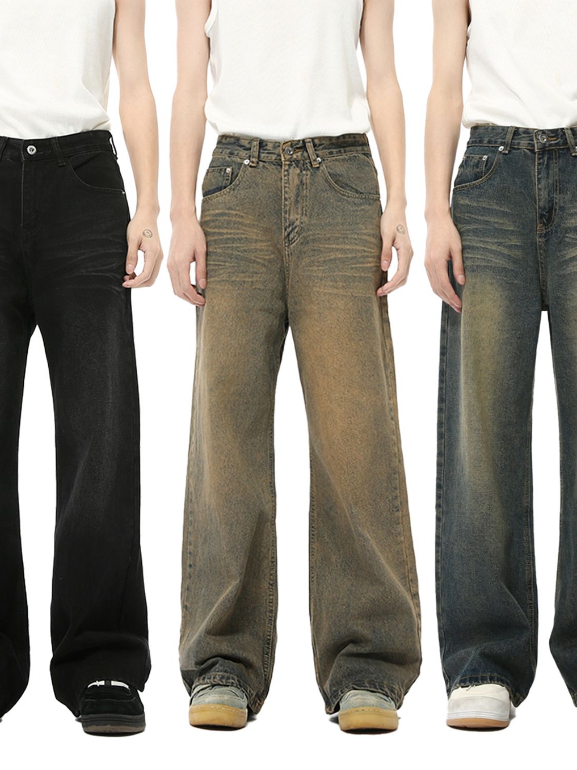 Buy Washed Cat Whisker Straight Leg Jeans by Faz