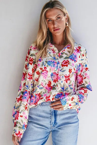 Buy Floral Collared Neck Long Sleeve Shirt by SYNZ