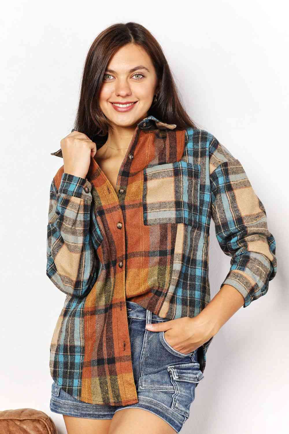 Buy Plaid Curved Hem Shirt Jacket with Breast Pockets by Double Take