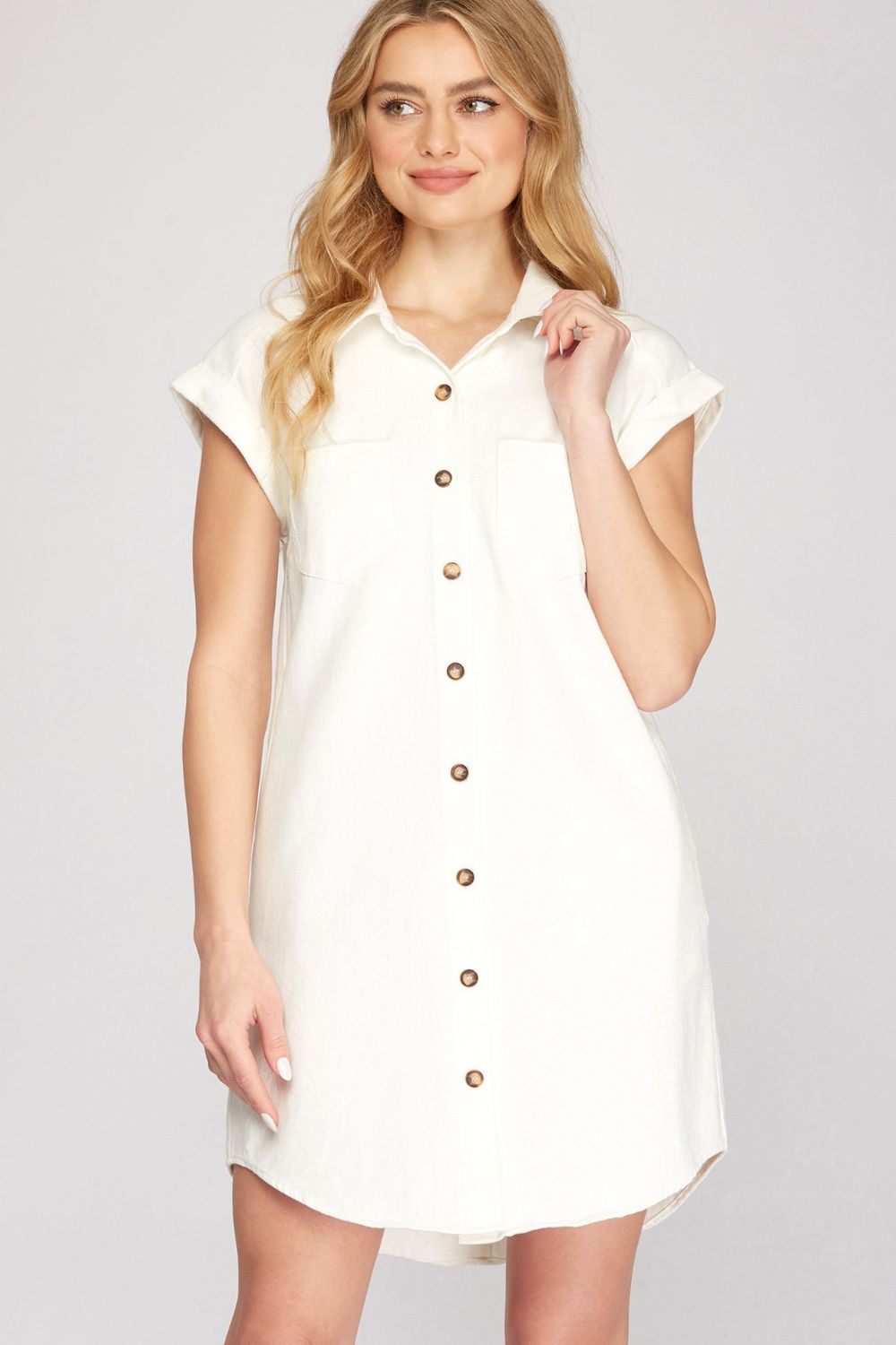 Buy Full Size Folded Cuff Button Down Washed Twill Shirt Dress Plus Size by Faz