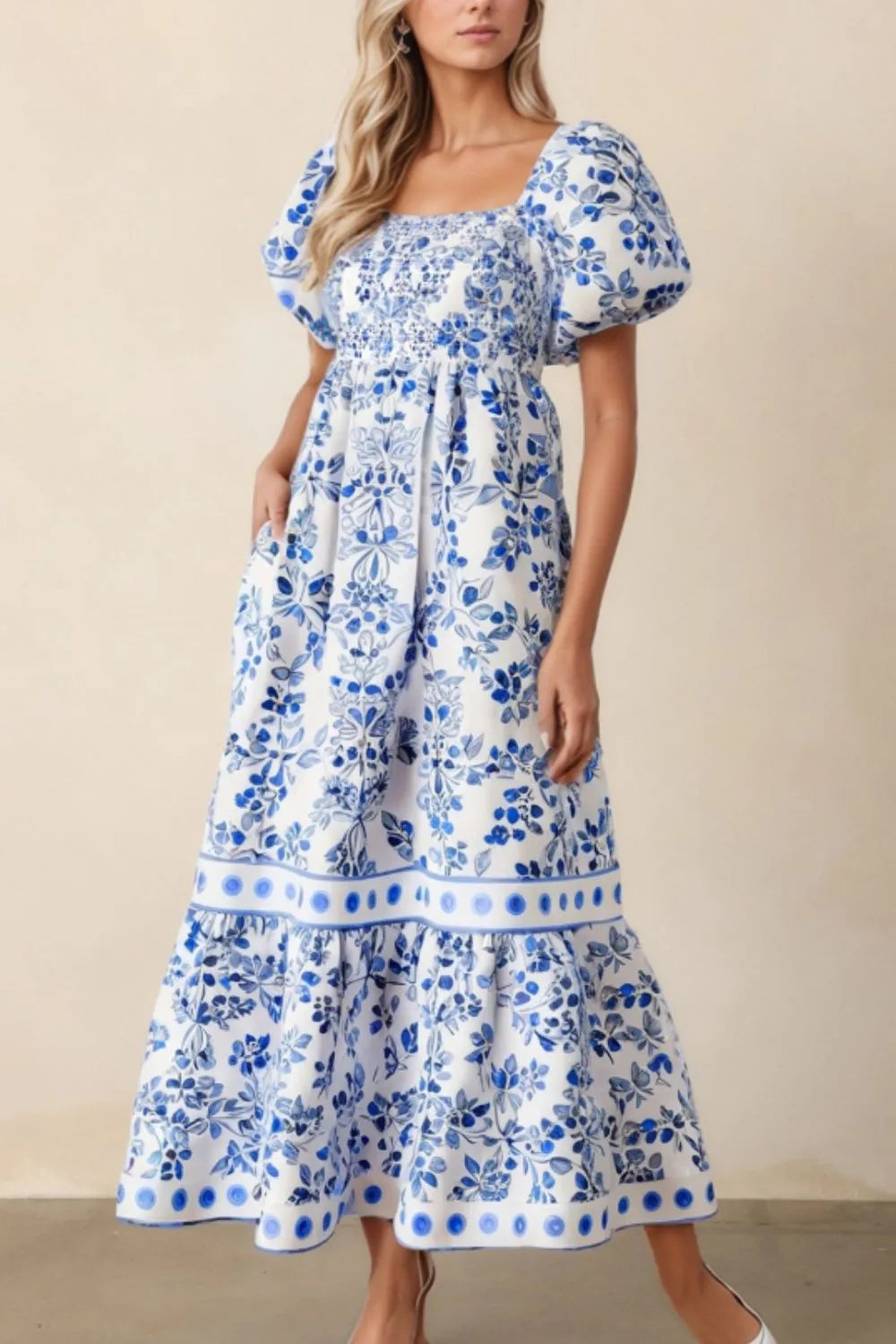 Buy Smocked Printed Square Neck Puff Sleeve Dress by Faz