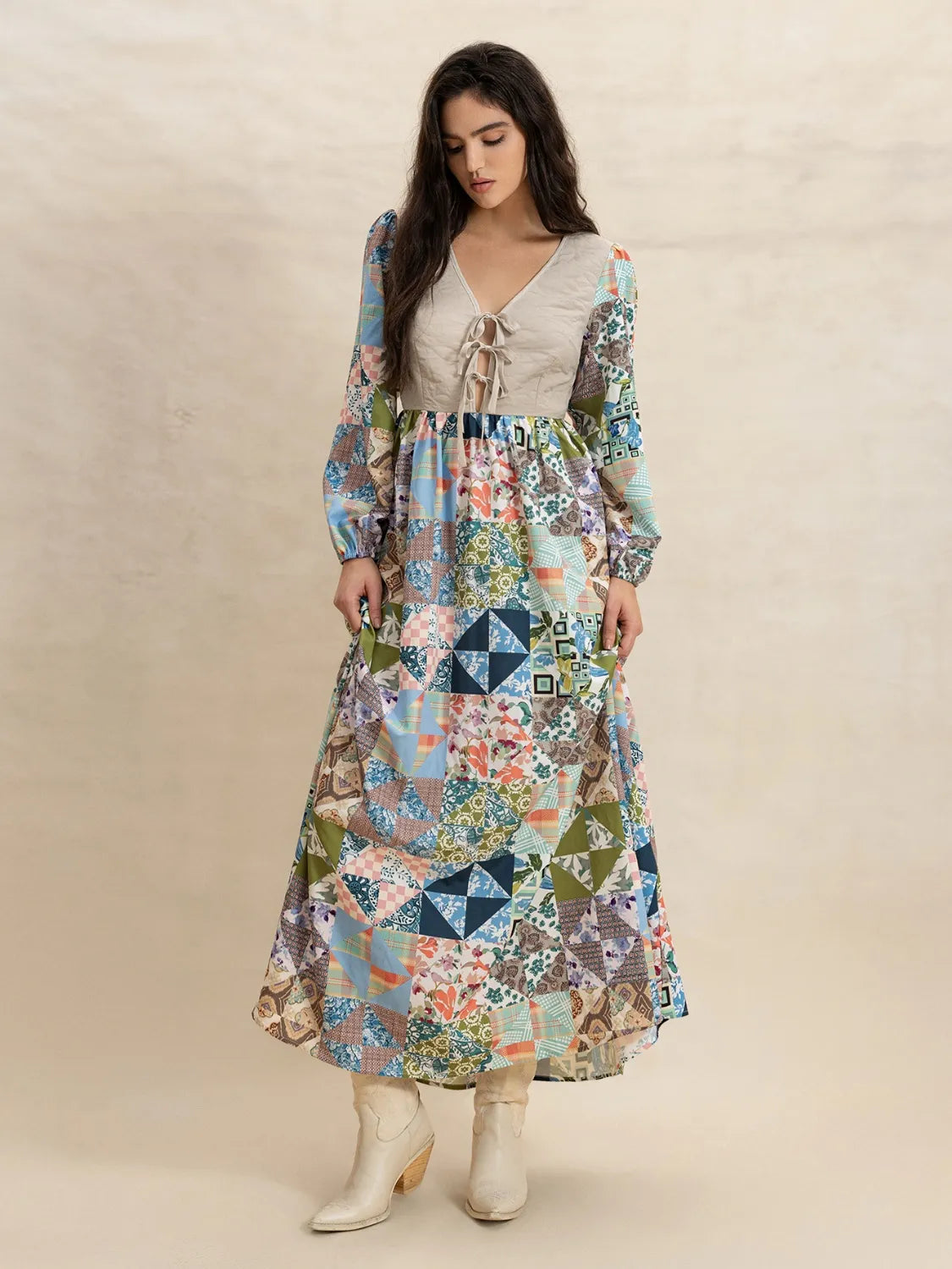 Buy Tied Front Printed Long Sleeve Maxi Dress by Faz
