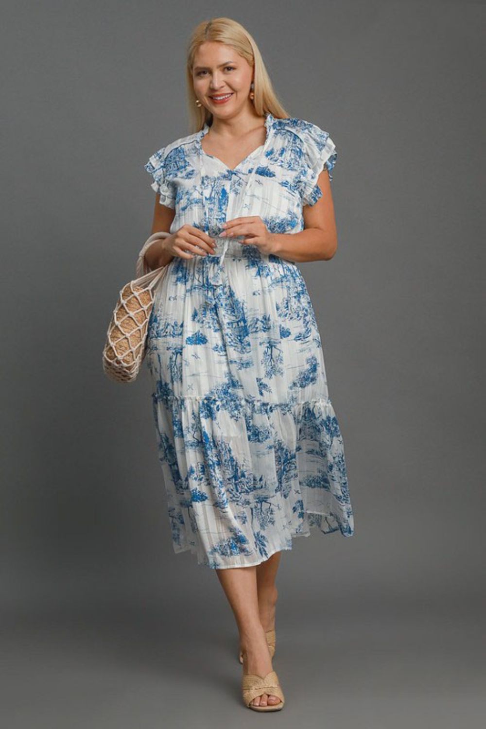 Full Size Two Tone Landscape Print Midi Dress Plus Size