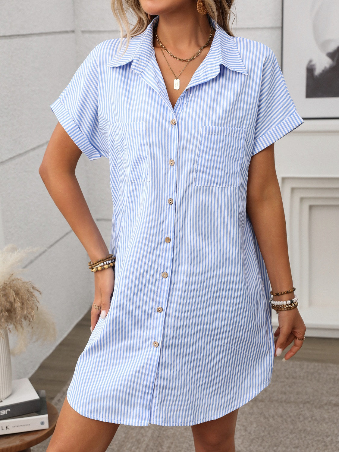 Buy Striped Button Down Short Sleeve Mini Dress by Faz