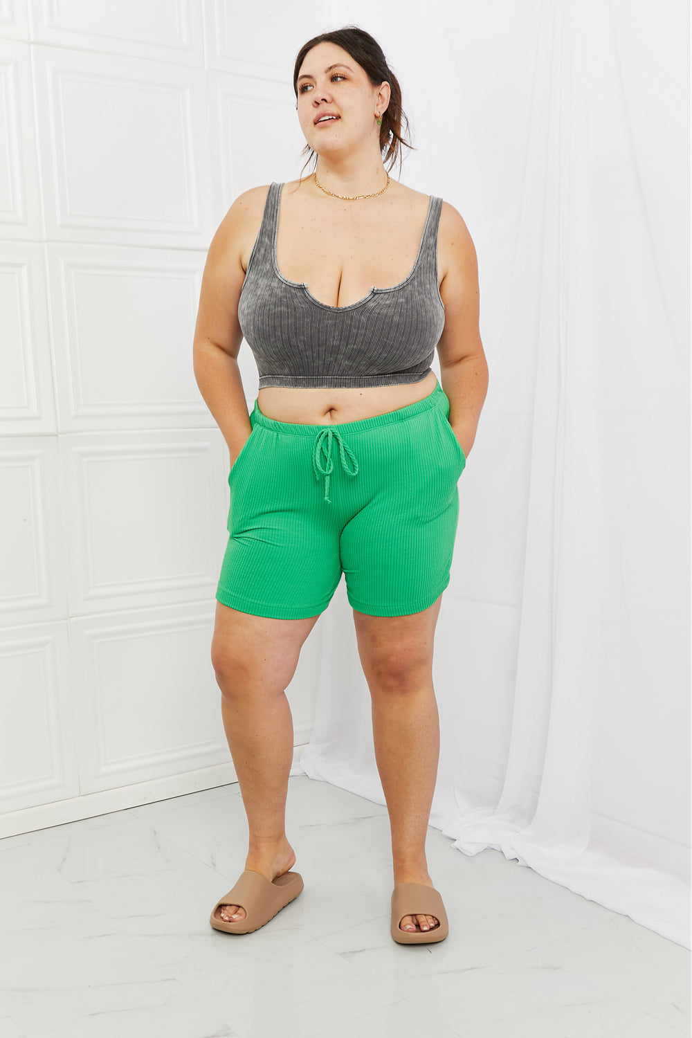 Buy Too Good Full Size Ribbed Shorts in Green by Faz