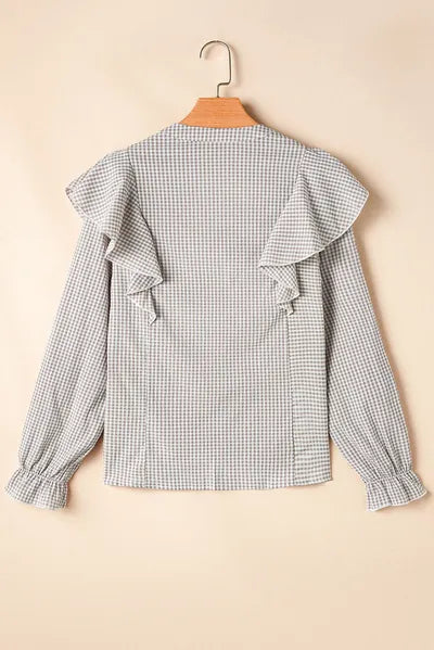 Buy Ruffled Plaid Notched Flounce Sleeve Shirt by SYNZ