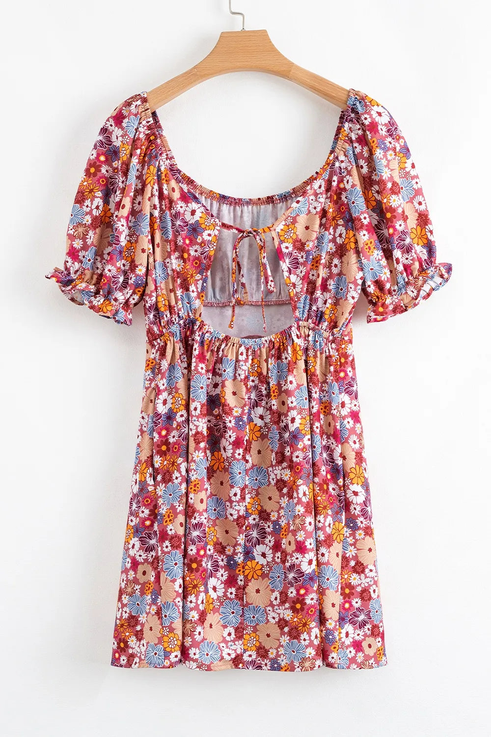 Buy Floral Puff Sleeve Square Neck Knot Open Back Mini Dress by Faz