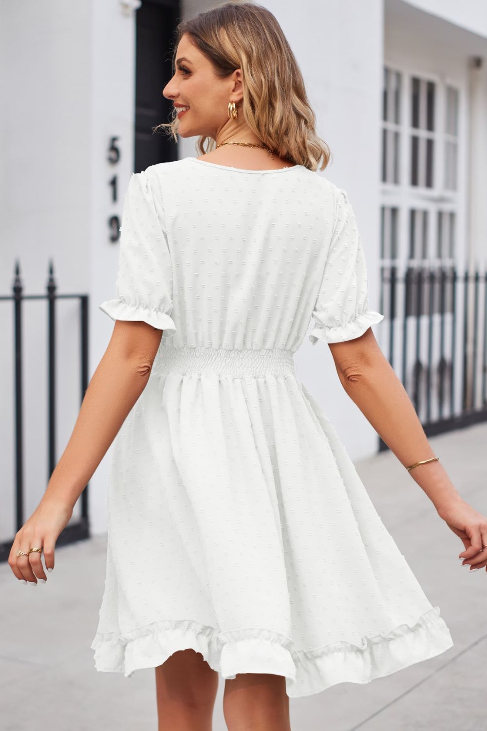 Buy Swiss Dot Frill Trim Flounce Sleeve V-Neck Dress by Faz