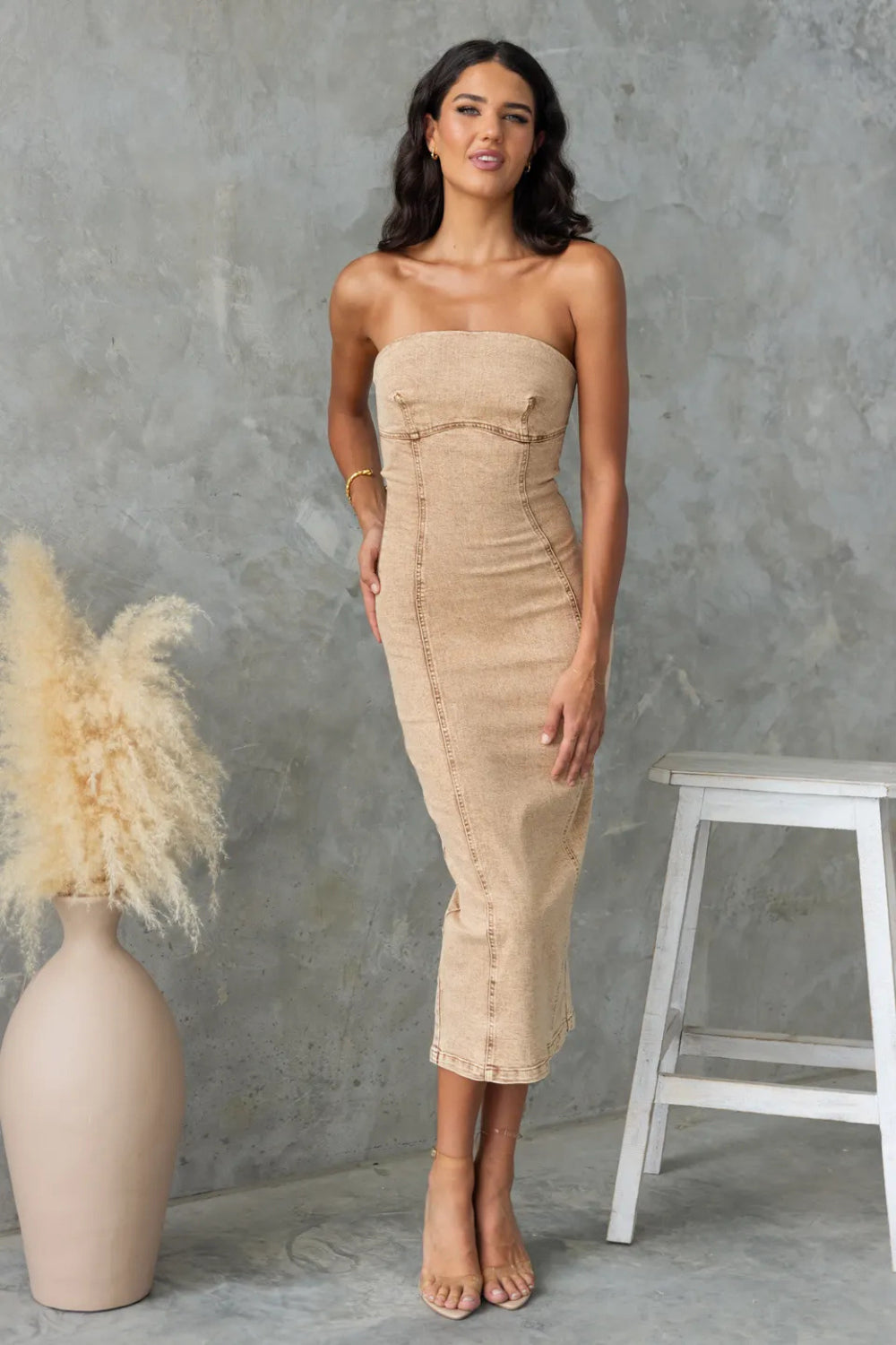 Buy Washed Slit Back Tube Denim Dress by Faz