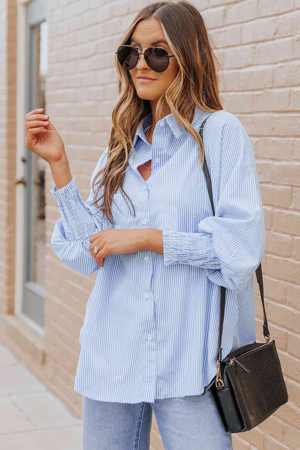 Buy Striped Lantern Sleeve Collared Shirt by SYNZ