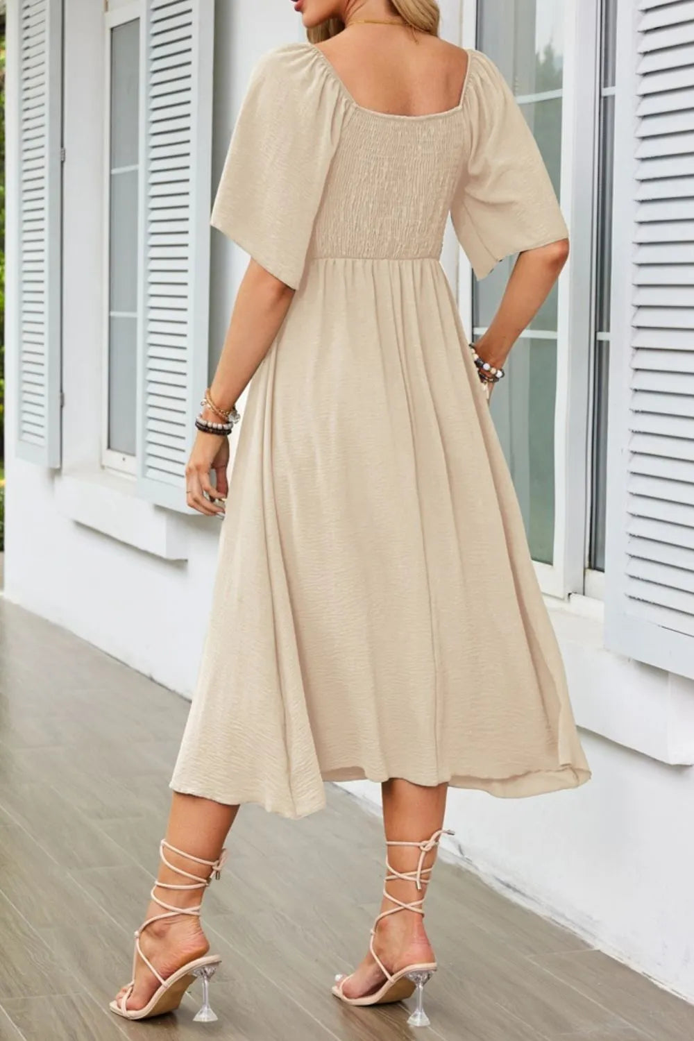 Buy Smocked Tie Front Flutter Sleeve Midi Dress by Faz