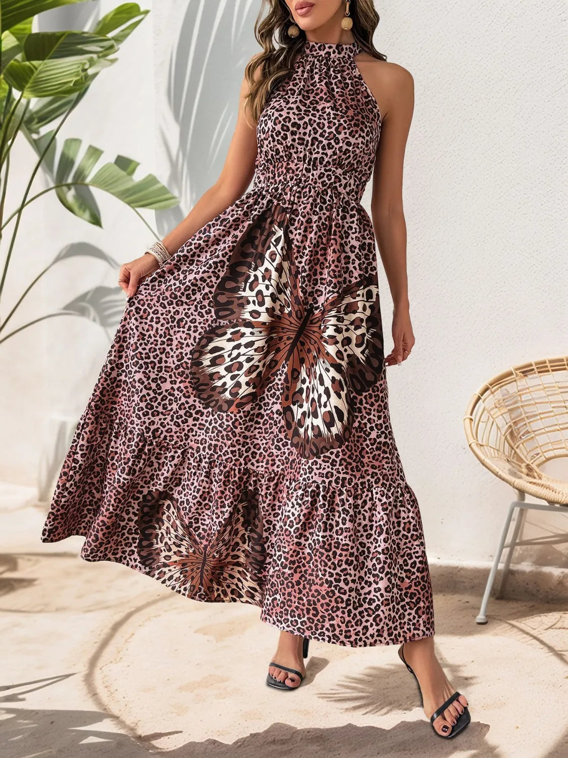Butterfly Leopard Grecian Neck Maxi Dress