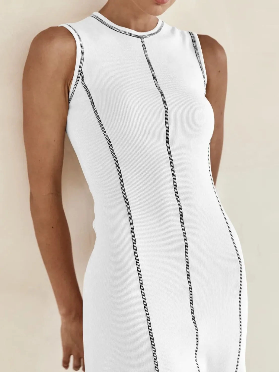 Buy Contrast Stitching Round Neck Sleeveless Midi Dress by Faz