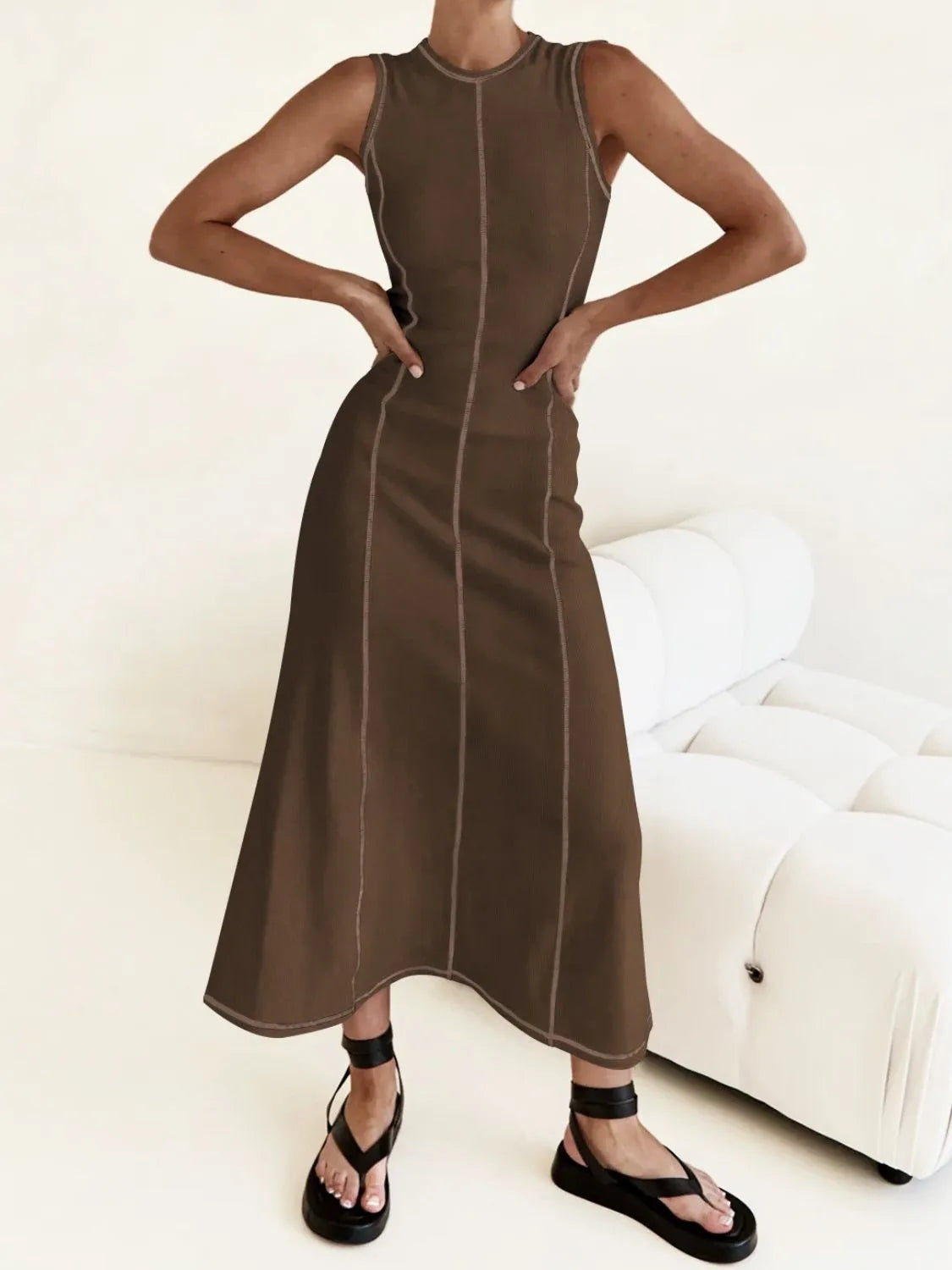 Buy Contrast Stitching Round Neck Sleeveless Midi Dress by Faz