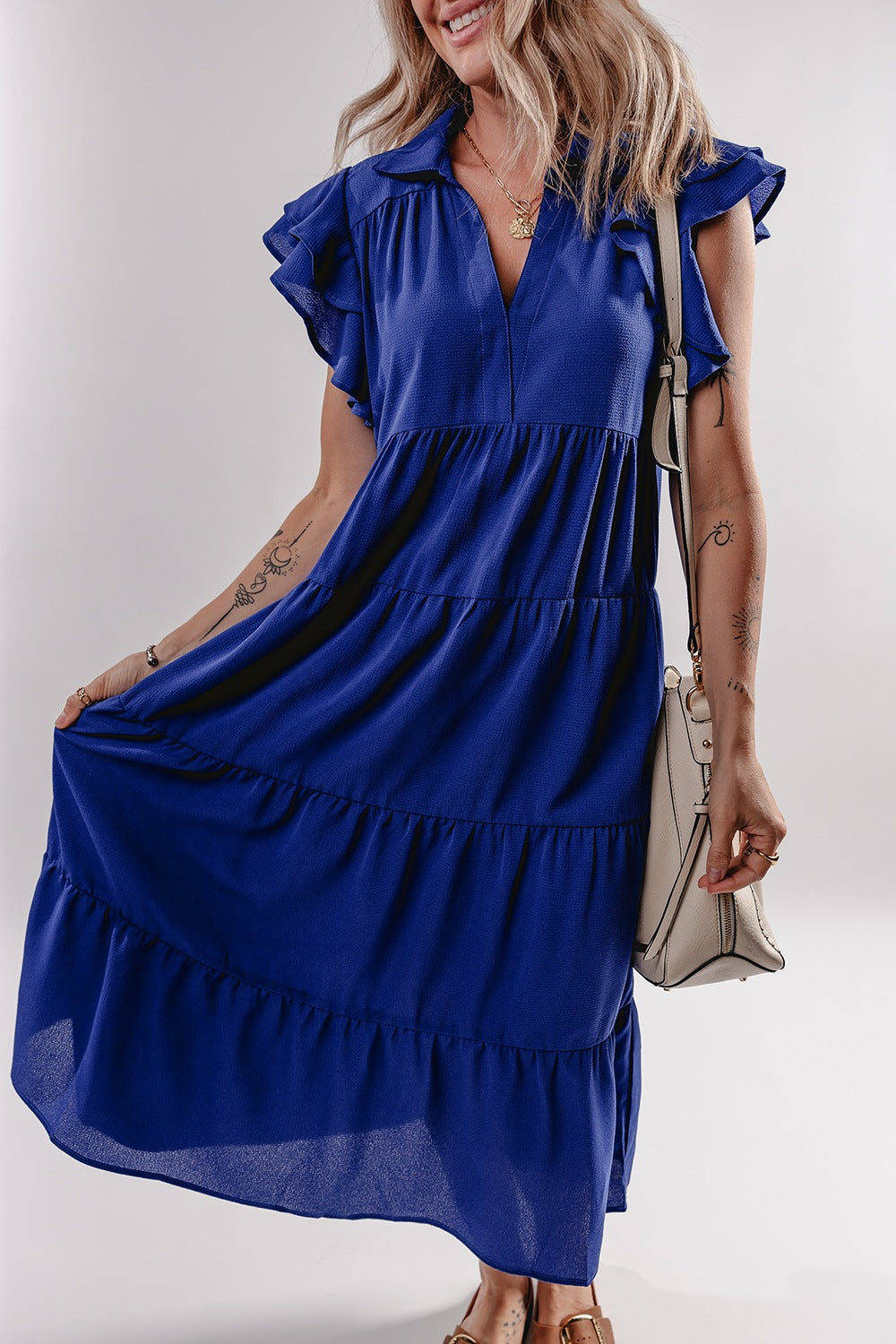 Buy Ruffled Short Sleeve Collared V Neck Tiered Midi Dress by Faz