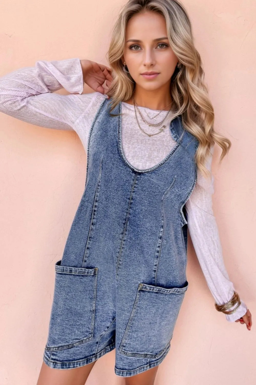 U Neck Patched Pocket Denim Overalls