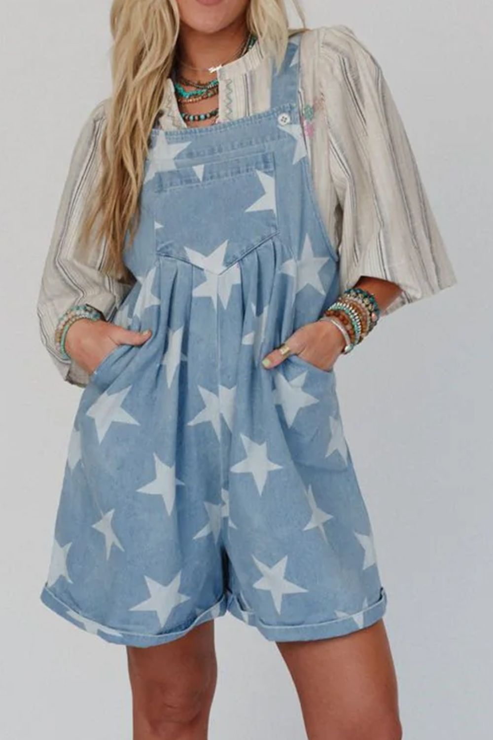 Buy Star Print Square Neck Denim Overalls by Faz