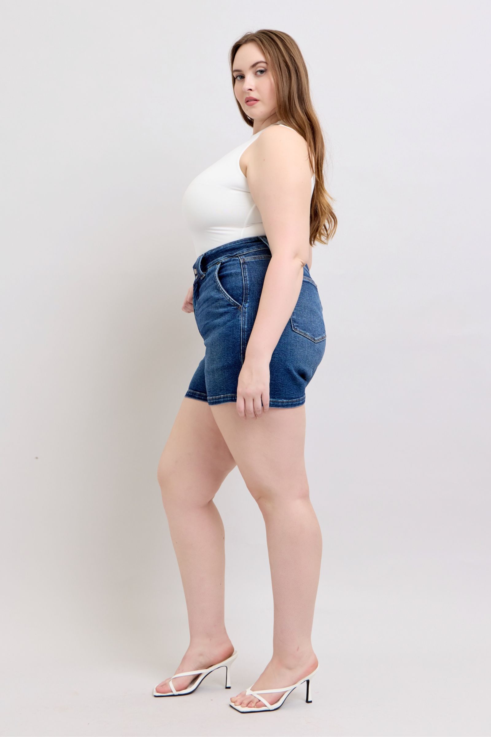 Buy Full Size Double Button Waistband Denim Shorts Plus Size by Faz