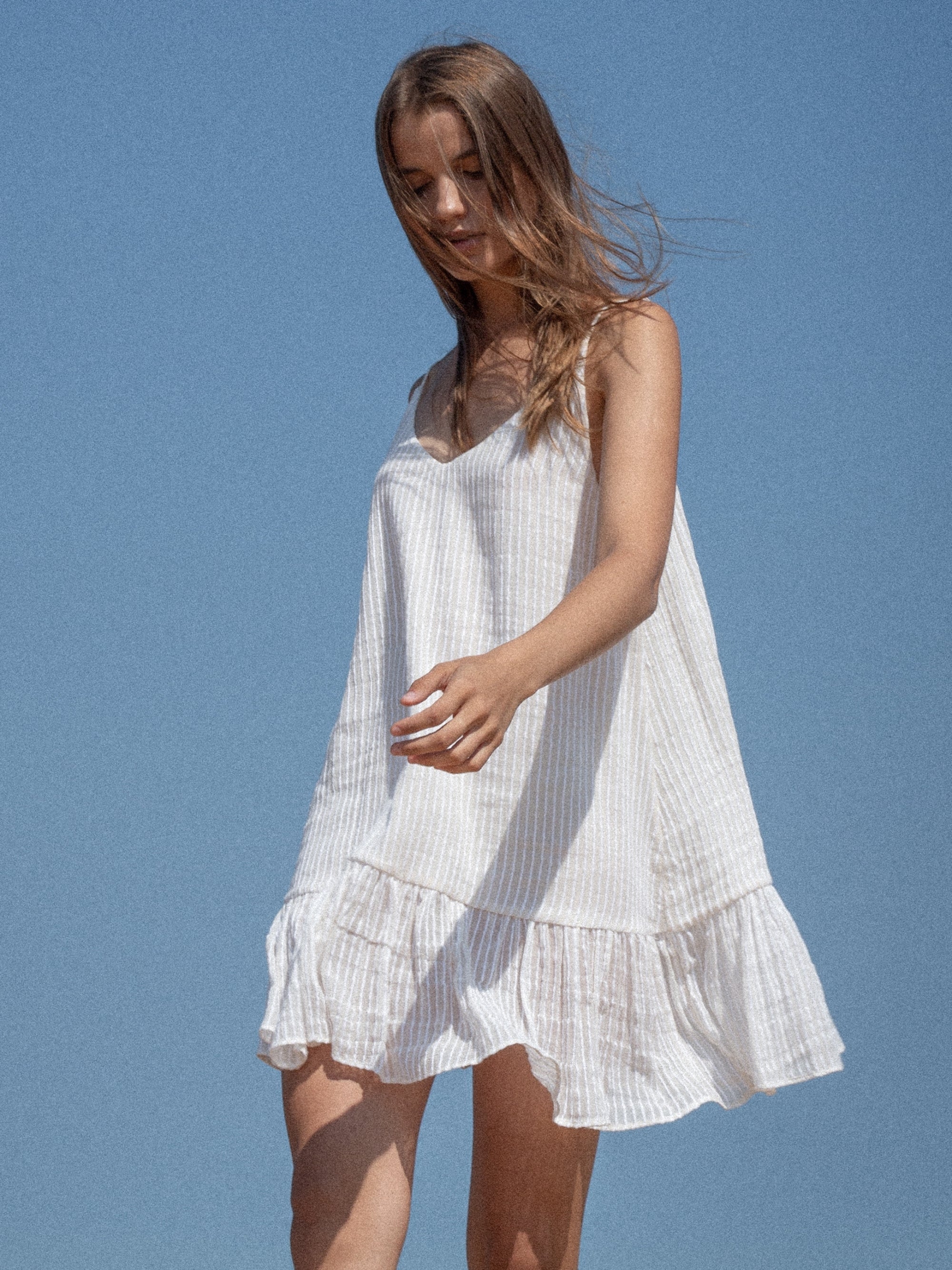 Buy Liv Mini Ruffle Dress - White Stripes by The Handloom