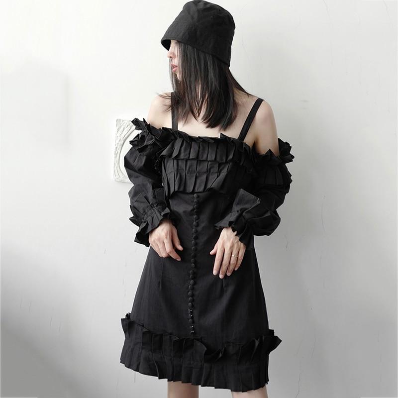 Masaru Off Shoulder Ruffled Pleated Dress - Black