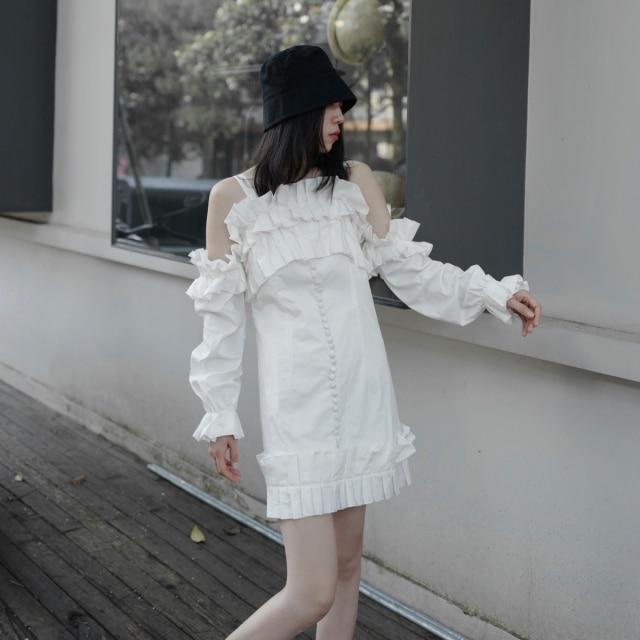 Masaru Off Shoulder Ruffled Pleated Dress - White