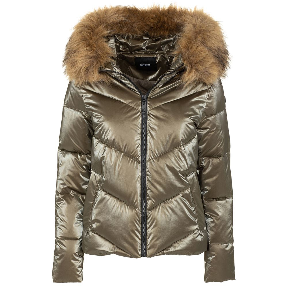 Eco-Fur Hooded Down Jacket in Brown
