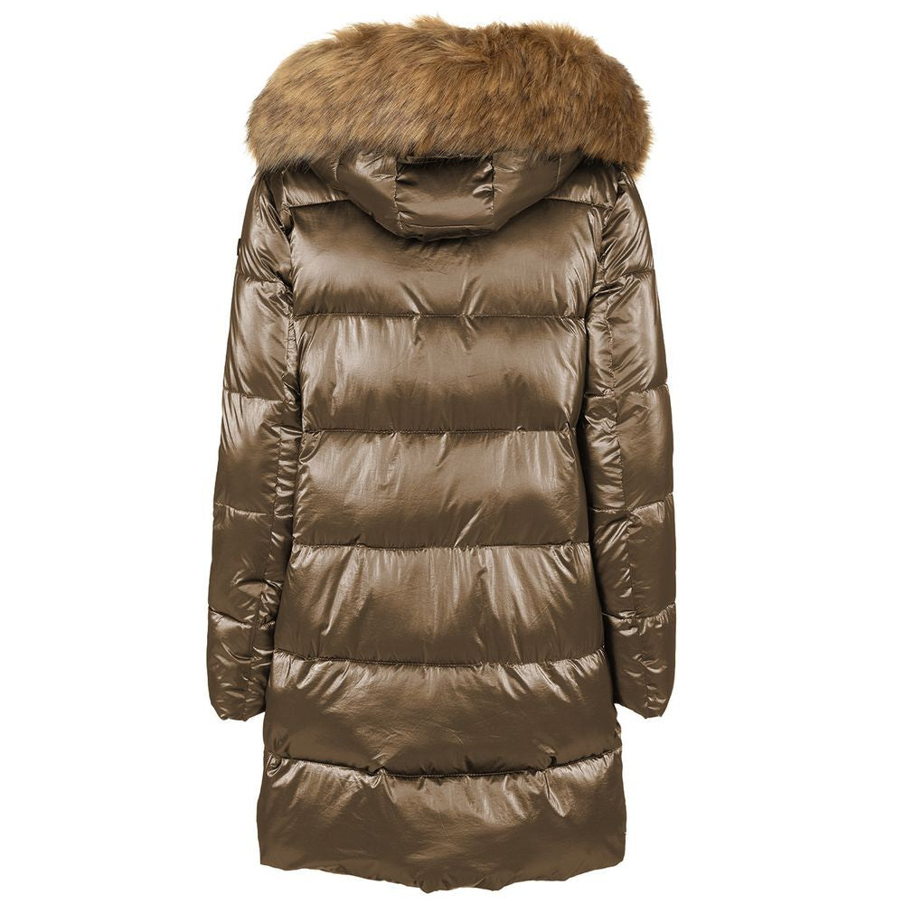 Eco-Chic Brown Down Jacket with Faux Fur Hood