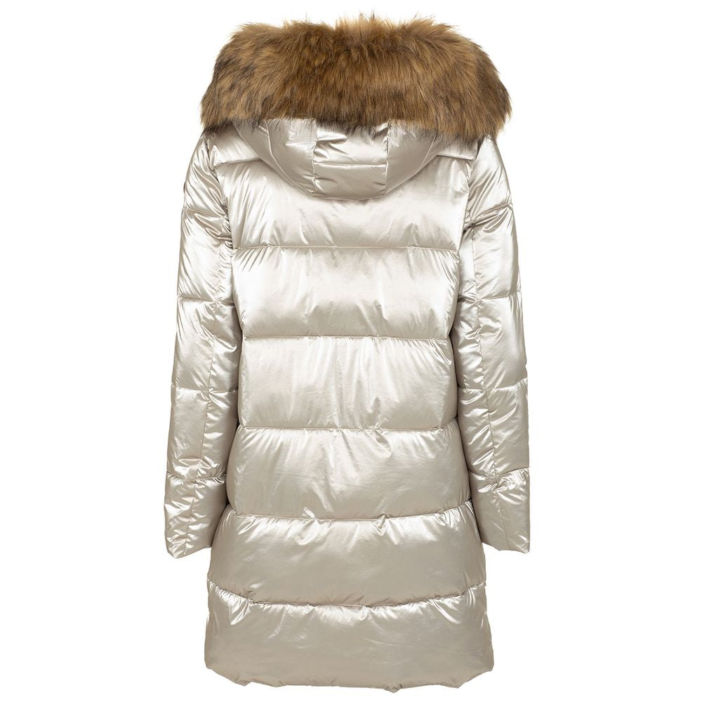 Chic Gray Eco-Fur Trimmed Long Down Jacket