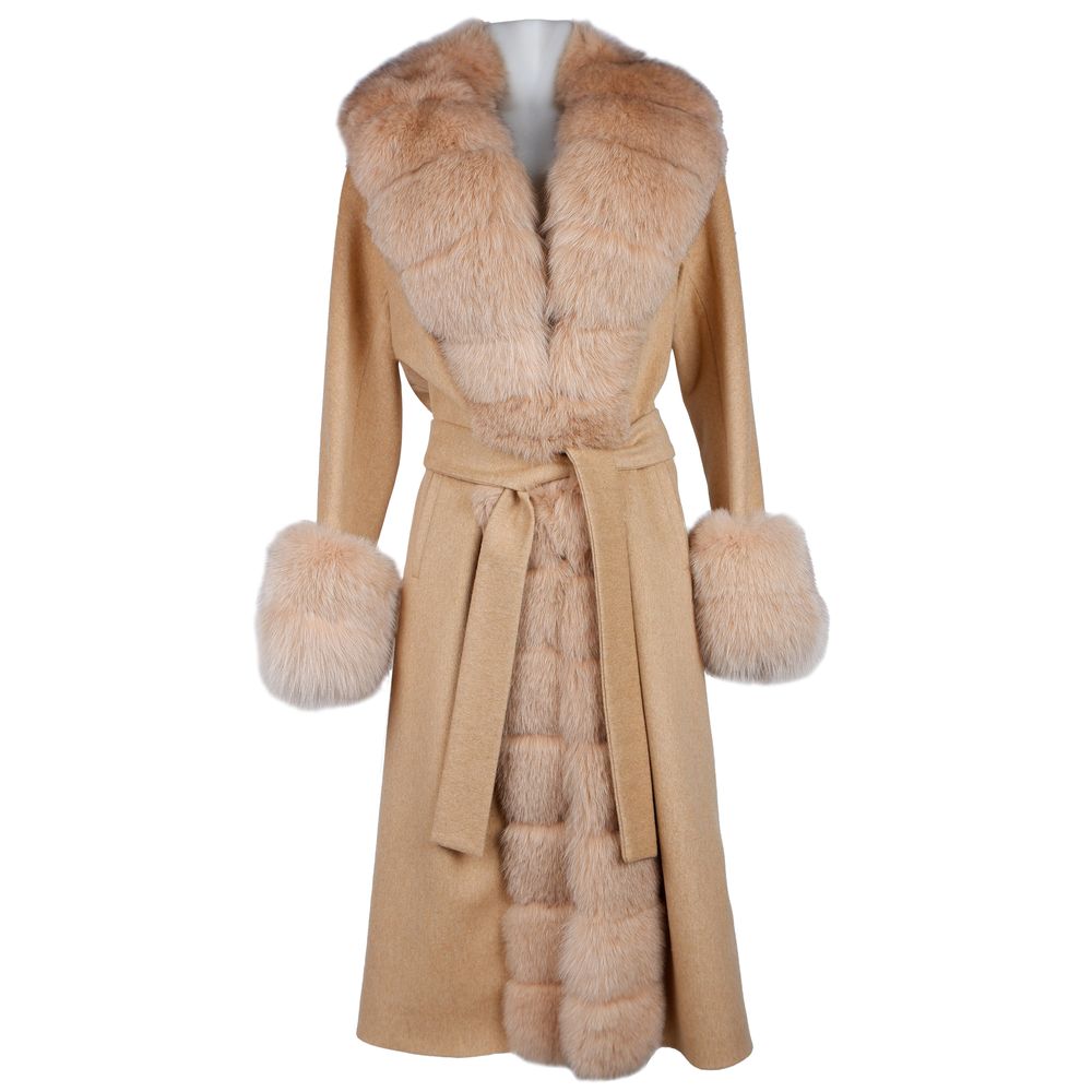 Elegant Beige Wool Coat with Fox Fur Trim