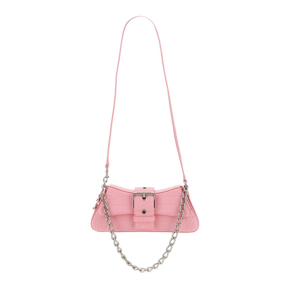 Chic Pink Leather Flap Handbag with Silver Trim