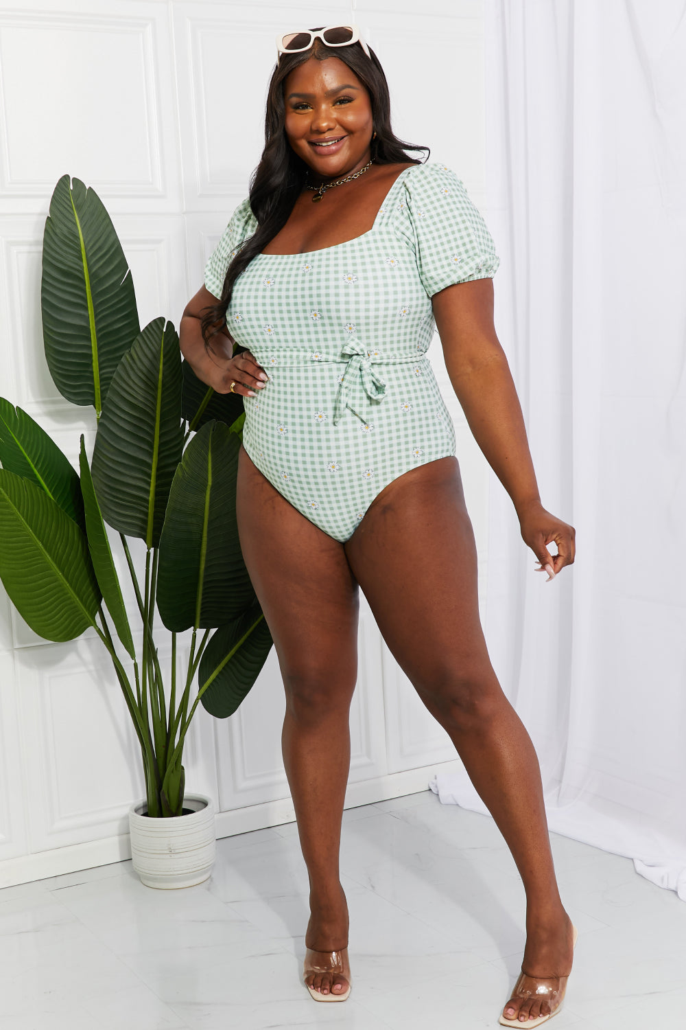 Buy Salty Air Puff Sleeve One-Piece in Sage by Marina West Swim