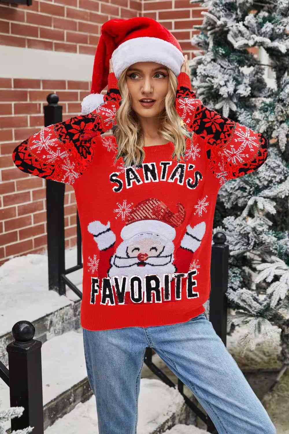 Christmas SANTA'S FAVORITE Round Neck Sweater