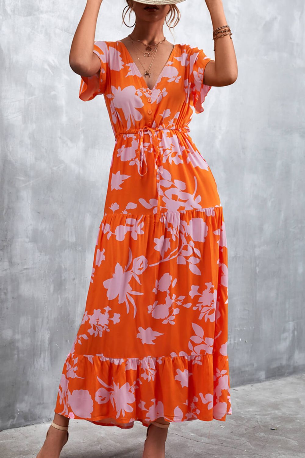 Buy Floral Buttoned Drawstring Waist Tiered Dress by Faz