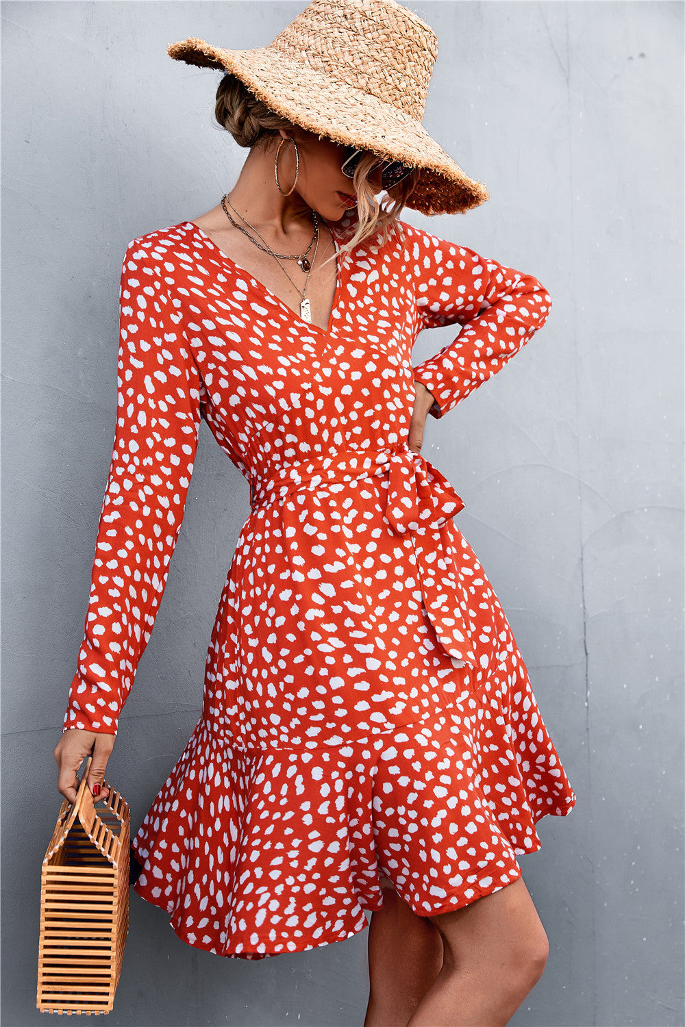 Buy Printed V-Neck Tie Belt Ruffle Hem Mini Dress by YO